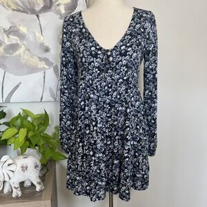 Hollister Floral Babydoll Mini Dress Blue Long Sleeve Boho Cottage Fairy Grunge